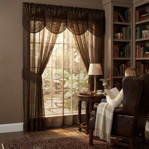 ACHIM Halley Satin 6-Piece Window Set With Austrian Valance, Chocolate, 56x84